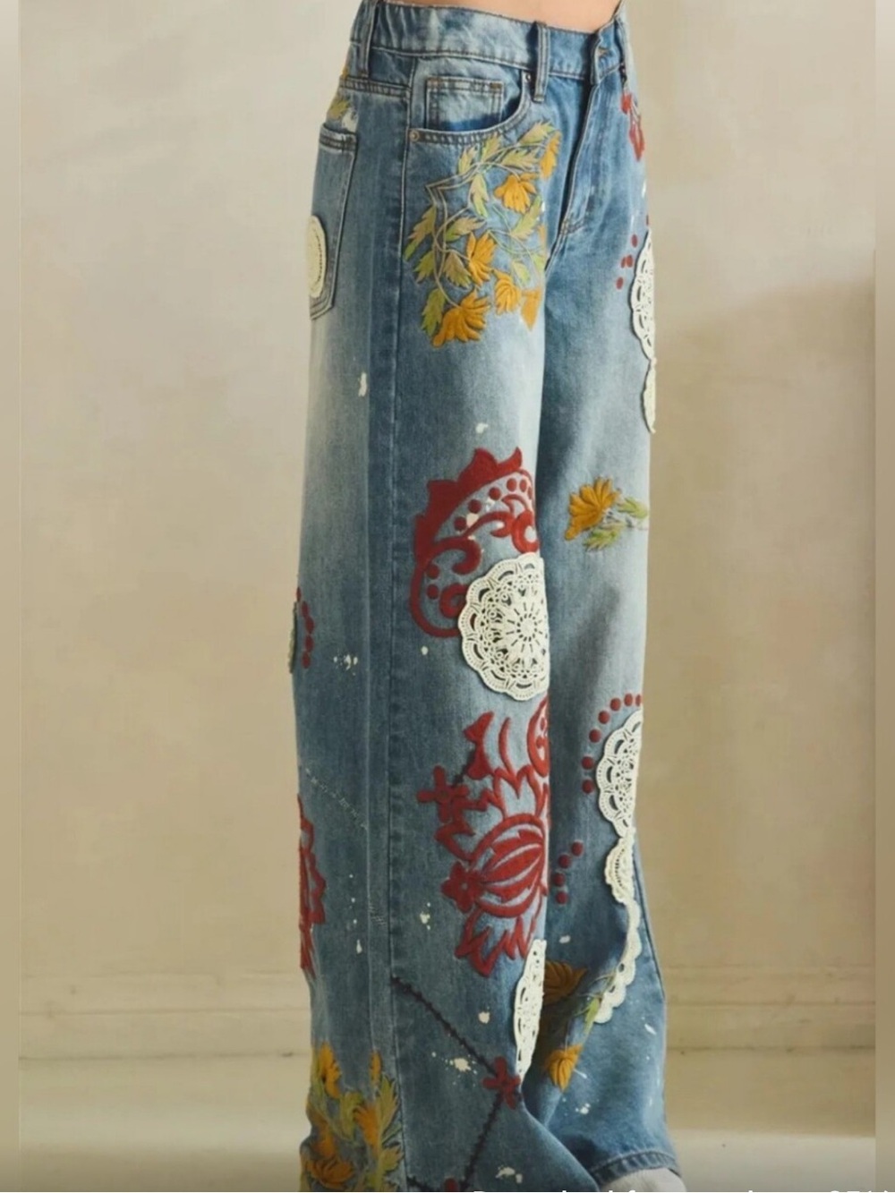 OLI & HALI Blue Wide-Leg Embroidered Patchwork Jeans Brand NEW sz XL - Picture 9 of 10